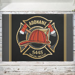 Firefighter ADD NAME Fire Station Department Badge Doormat<br><div class="desc">Firefighter NAME Fireman Fire Department - Emblem with Red Helmet and Axe. Customize with your Name,  Station/Dept Number and location.</div>