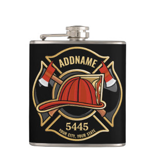 Firefighter ADD NAME Fire Station Department Badge Hip Flask
