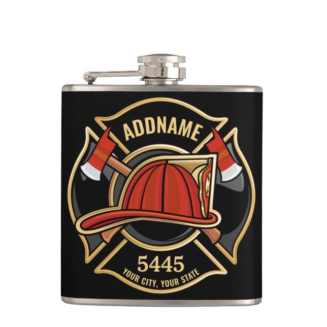 Firefighter ADD NAME Fire Station Department Badge Hip Flask (Front)