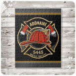 Firefighter ADD NAME Fire Station Department Badge Jigsaw Puzzle<br><div class="desc">Firefighter NAME Fireman Fire Department - Emblem with Red Helmet and Axe. Customize with your Name,  Station/Dept Number and location.</div>