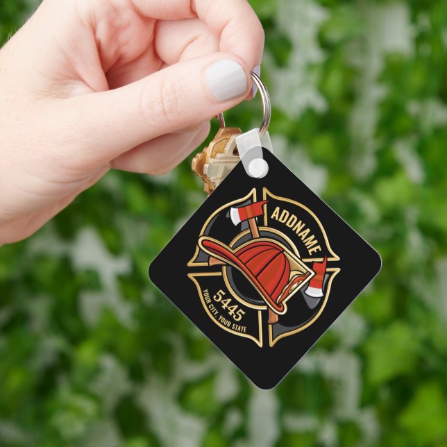 Firefighter ADD NAME Fire Station Department Badge Keychain (Hand)