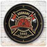Firefighter ADD NAME Fire Station Department Badge Large Clock<br><div class="desc">Firefighter NAME Fireman Fire Department - Emblem with Red Helmet and Axe. Customize with your Name,  Station/Dept Number and location.</div>
