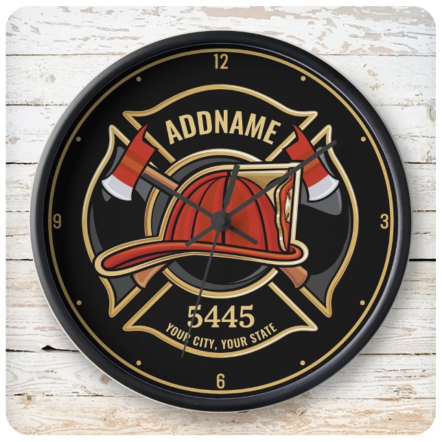 Firefighter ADD NAME Fire Station Department Badge Large Clock (Creator Uploaded)