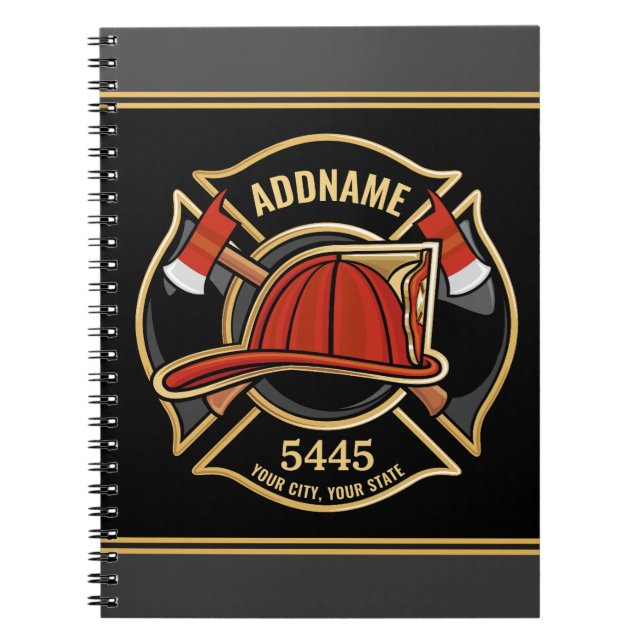 Firefighter ADD NAME Fire Station Department Badge Notebook (Front)