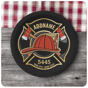 Firefighter ADD NAME Fire Station Department Badge Paper Plate