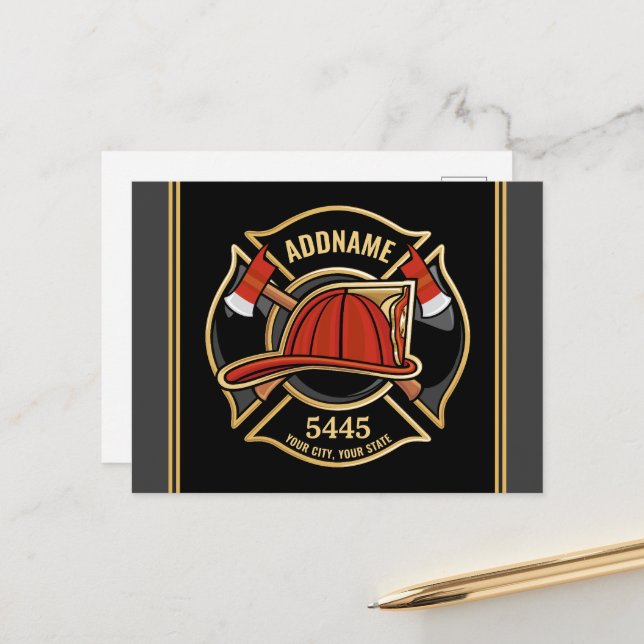 Firefighter ADD NAME Fire Station Department Badge Postcard (Front/Back In Situ)