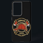 Firefighter ADD NAME Fire Station Department Badge Samsung Galaxy Case<br><div class="desc">Firefighter NAME Fireman Fire Department - Emblem with Red Helmet and Axe. Customize with your Name,  Station/Dept Number and location.</div>