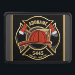 Firefighter ADD NAME Fire Station Department Badge Trailer Hitch Cover<br><div class="desc">Firefighter NAME Fireman Fire Department - Emblem with Red Helmet and Axe. Customize with your Name,  Station/Dept Number and location.</div>