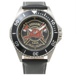 Firefighter ADD NAME Fire Station Department Badge Watch<br><div class="desc">Firefighter NAME Fireman Fire Department - Emblem with Red Helmet and Axe. Customize with your Name,  Station/Dept Number and location.</div>