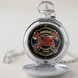 Firefighter ADD NAME Fire Station Department Pocket Watch<br><div class="desc">Firefighter NAME Fireman Fire Department - Emblem with Red Helmet and Axe. Customize with your Name,  Station/Dept Number and location.</div>
