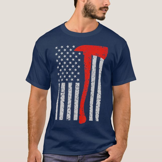 Firefighter American Flag Axe T Shirt Thin Red (Front)