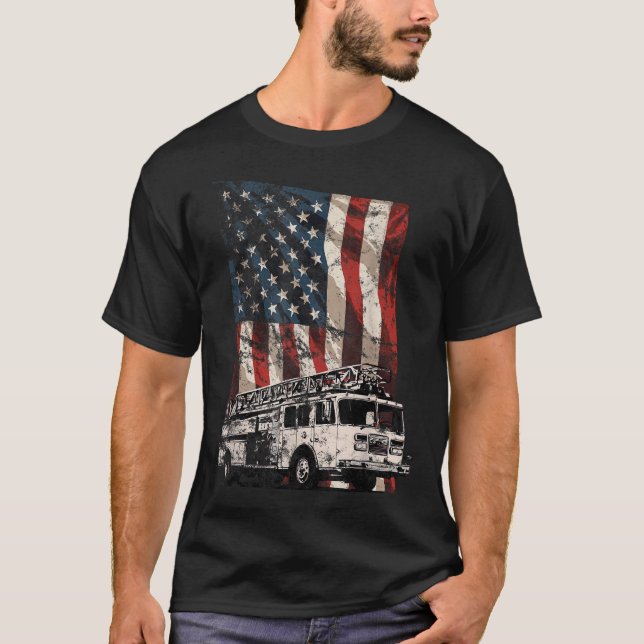 Firefighter American Flag Patriotic Fire Truck  T-Shirt (Front)