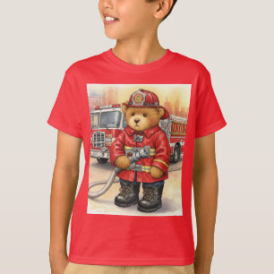 Firefighter at Work, Teddy and Fire Truck by Nata T-Shirt