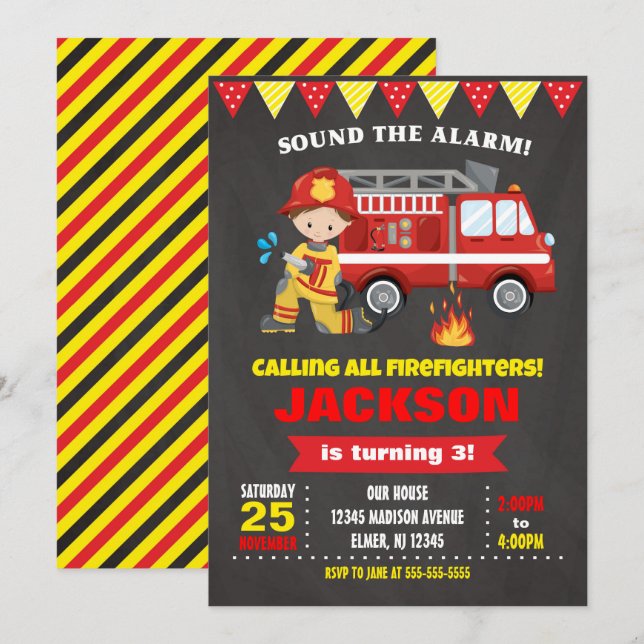 Firefighter Birthday Invitation Chalkboard (Front/Back)