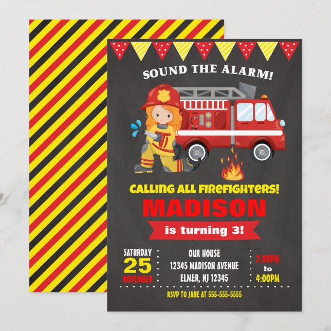 Firefighter Birthday Invitation Girl Chalkboard (Front/Back)