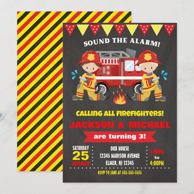 Firefighter Birthday Invitation Joint Chalkboard (Front/Back)