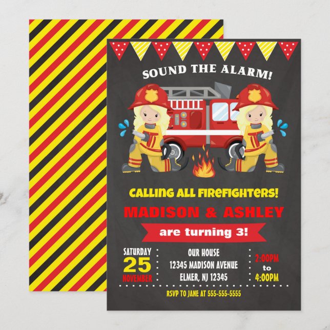 Firefighter Birthday Invitation Joint Girls Twins (Front/Back)