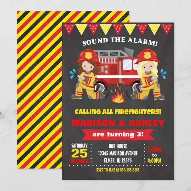 Firefighter Birthday Invitation Joint Girls Twins (Front/Back)