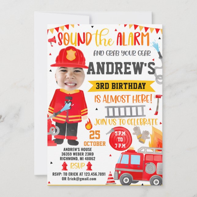 Firefighter Birthday invitation with photo (Front)
