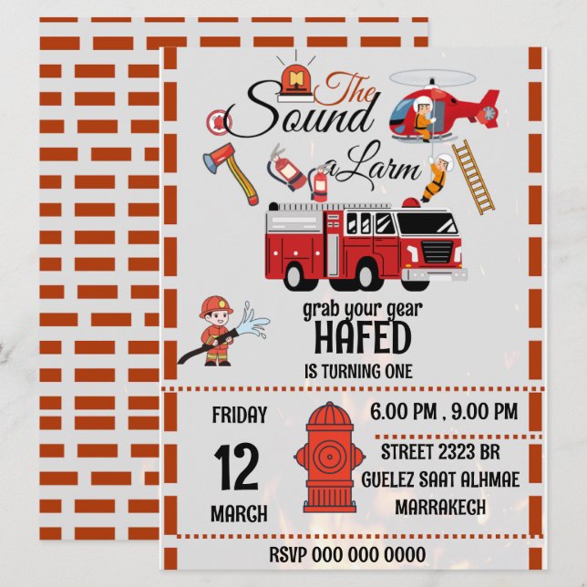 firefighter birthday party invitation template  (Front/Back)