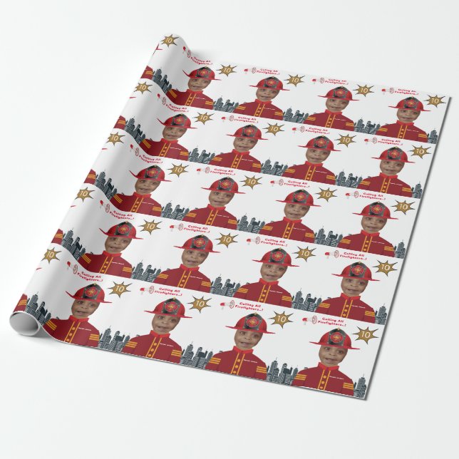 Firefighter Boys Face in Hole Photo Birthday  Wrapping Paper (Unrolled)