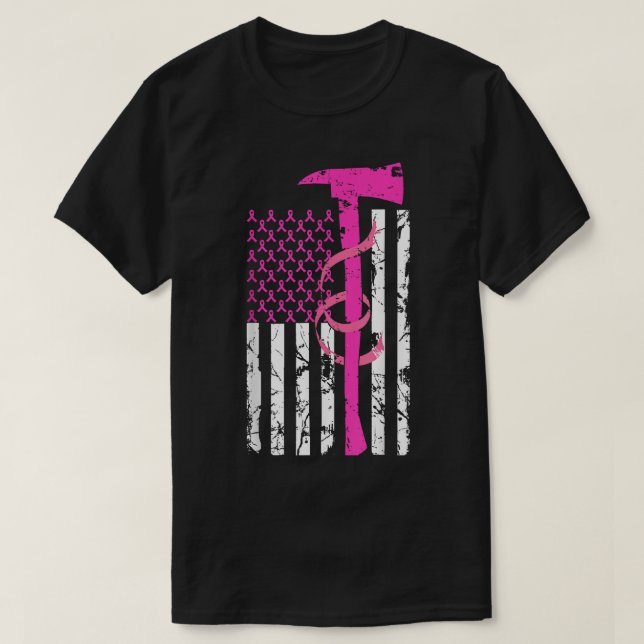 Firefighter Breast Cancer Awareness USA Flag Pink  T-Shirt (Design Front)