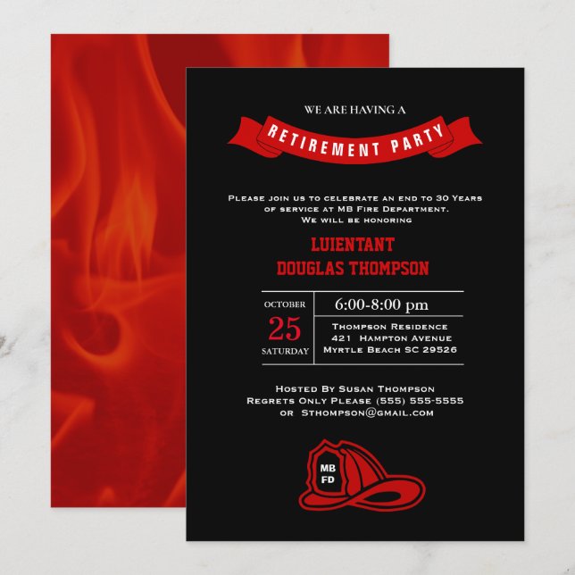   Firefighter Chalkboard Flame Retirement Party  Invitation (Front/Back)