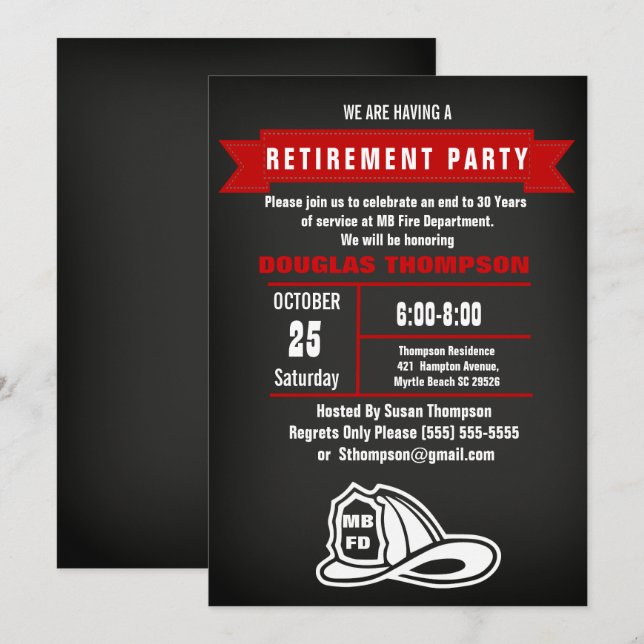 Firefighter Chalkboard  Retirement Party Invitation (Front/Back)