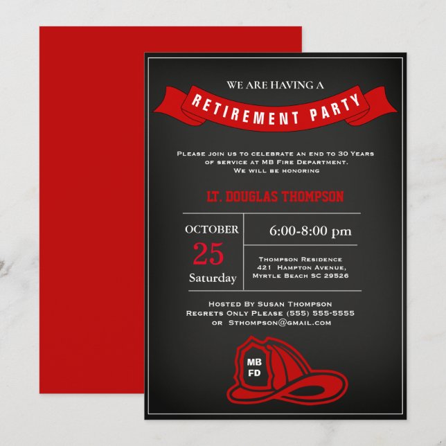   Firefighter Chalkboard  Retirement Party   Invitation (Front/Back)