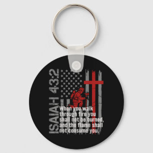 Firefighter Christian Faith Bible Verse USA Flag Keychain