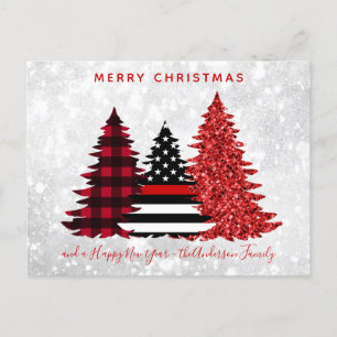 Firefighter Christmas Red Line Plaid Glitter Tree Holiday Postcard