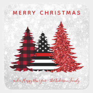 Firefighter Christmas Red Line Plaid Glitter Tree Square Sticker