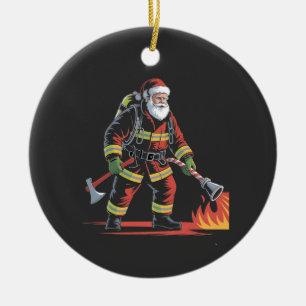 Firefighter Christmas Shirt XMas Funny Santa Ceramic Ornament