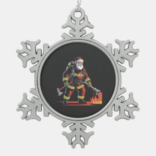 Firefighter Christmas Shirt XMas Funny Santa Snowflake Pewter Christmas Ornament
