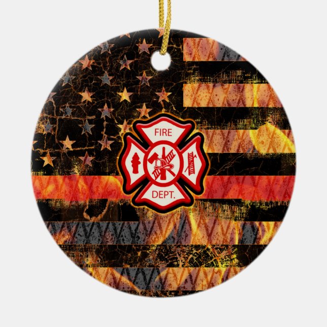 Firefighter Cross and Flames Ceramic Ornament (Front)