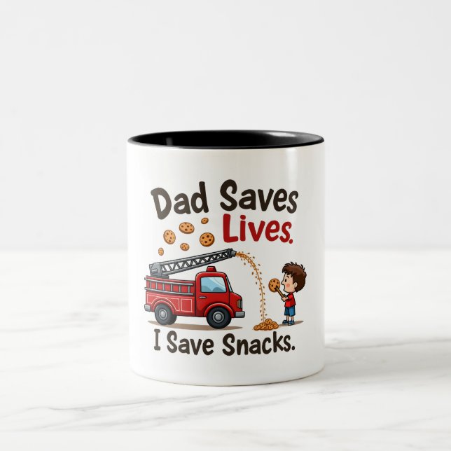 Firefighter "Dad Saves Lives. I Save Snacks." Two- Two-Tone Coffee Mug (Center)