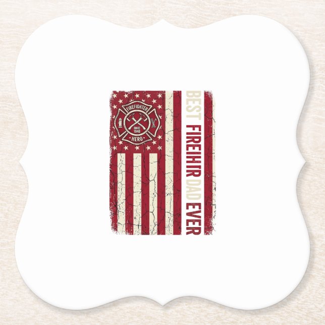 Firefighter Dad Vertical Flag Vintage Paper Coaster (Front)