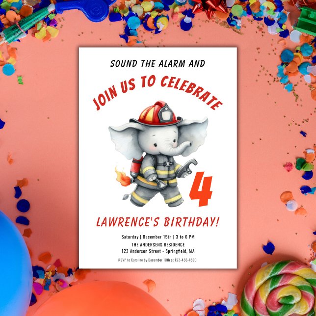 Firefighter Elephant Red Birthday Party Invitation (Sound the Alarm Firefighter Red Birthday Party Invitation)