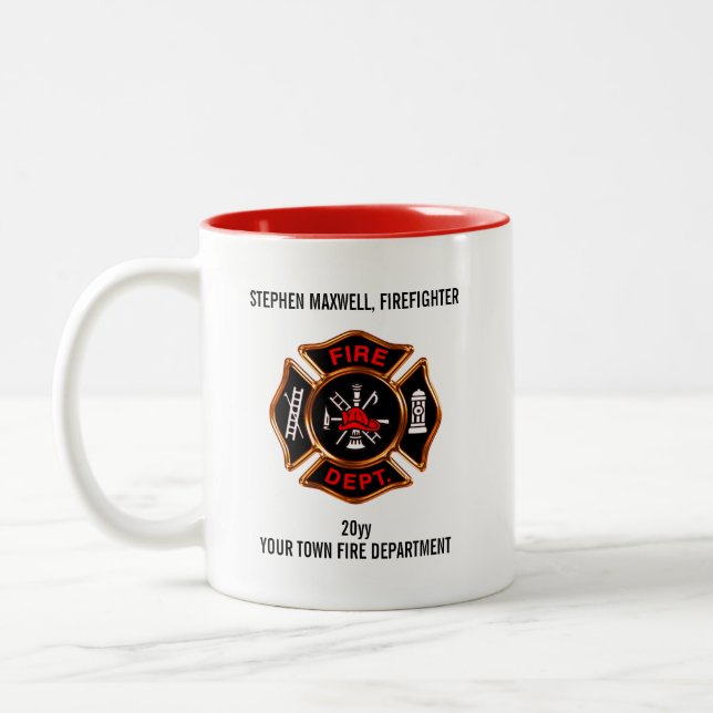 Firefighter Emblem Name and Department Two-Tone Coffee Mug (Left)