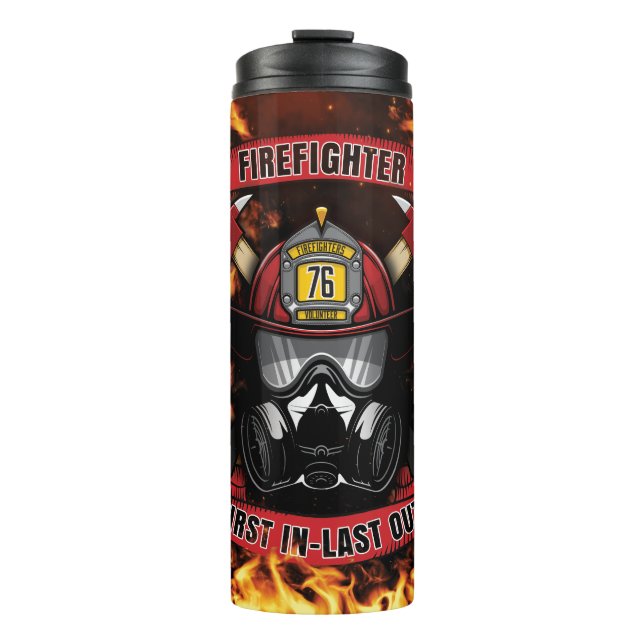 Firefighter Emblem with American Flag and Flames Thermal Tumbler (Front)