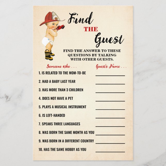 Firefighter Find the Guest Baby Shower Game Card (Front)