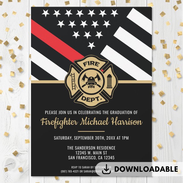 Firefighter Fire Academy Fireman Graduation Party Invitation (Firefighter Graduation Red Line Flag Fireman Invitations)