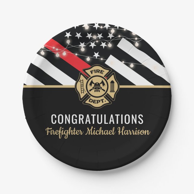 Firefighter Fire Academy Graduation Red Line Flag Paper Plate (Front)