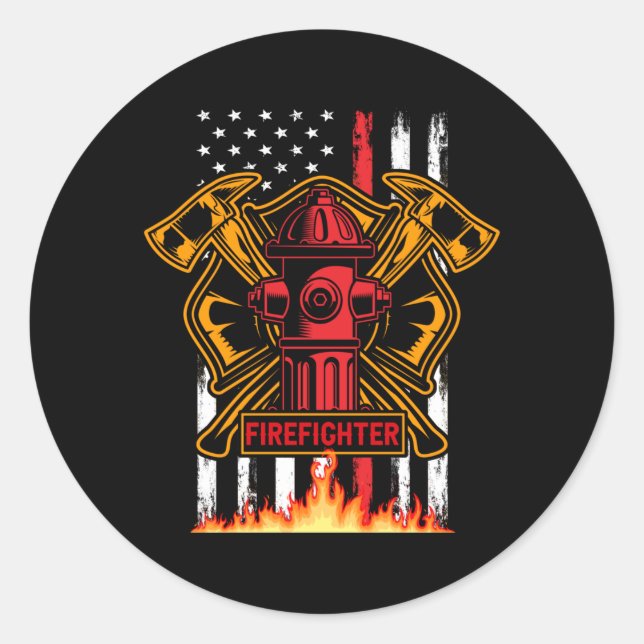 Firefighter Fire Department Fire Badge and Flag Classic Round Sticker (Front)