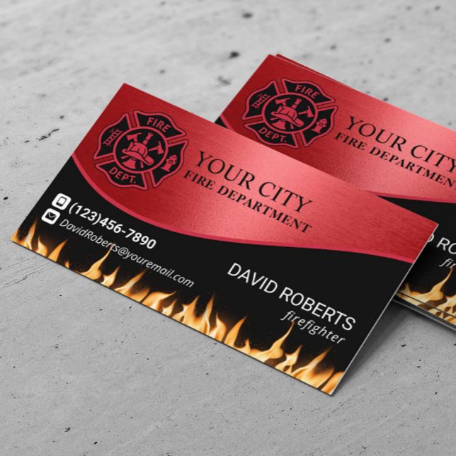 Firefighter Fire Department Fireman Modern Red Business Card (Creator Uploaded)