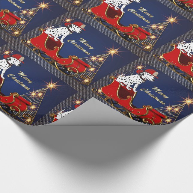 Firefighter Fire Dog On Santa Sled Christmas Tree Wrapping Paper (Corner)