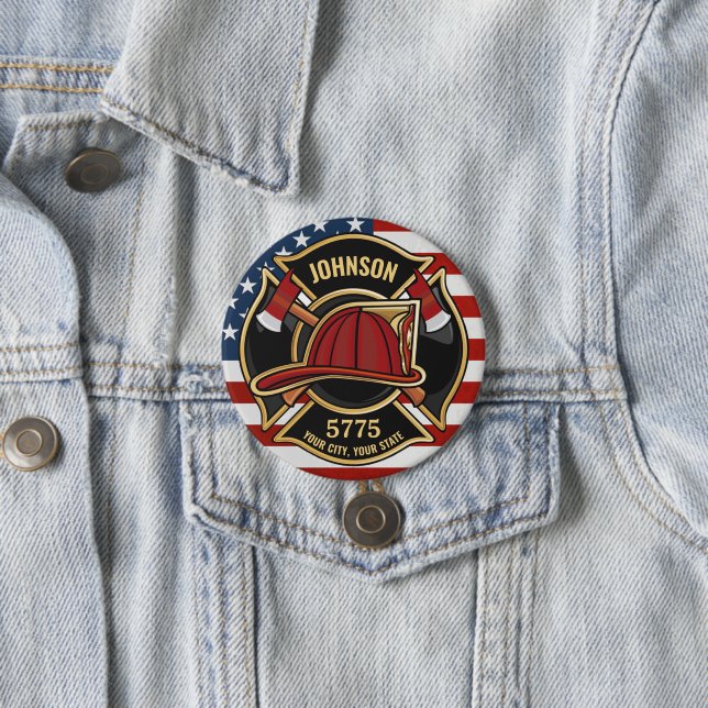 Firefighter Fire Rescue Department USA Flag Custom 3 Inch Round Button (In Situ)