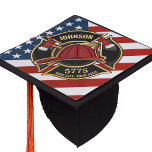 Firefighter Fire Rescue Department USA Flag Custom Graduation Cap Topper<br><div class="desc">Firefighter NAME Fireman Fire Department USA Flag design - Emblem with Red Helmet and Axe. Customize with your Name,  Station/Dept Number and location.</div>