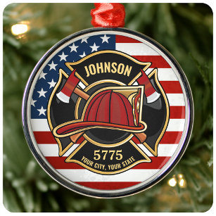 Firefighter Fire Rescue Department USA Flag Custom Metal Ornament