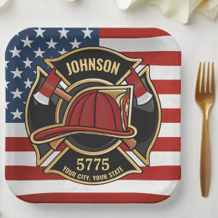 Firefighter Fire Rescue Department USA Flag Custom Paper Plate